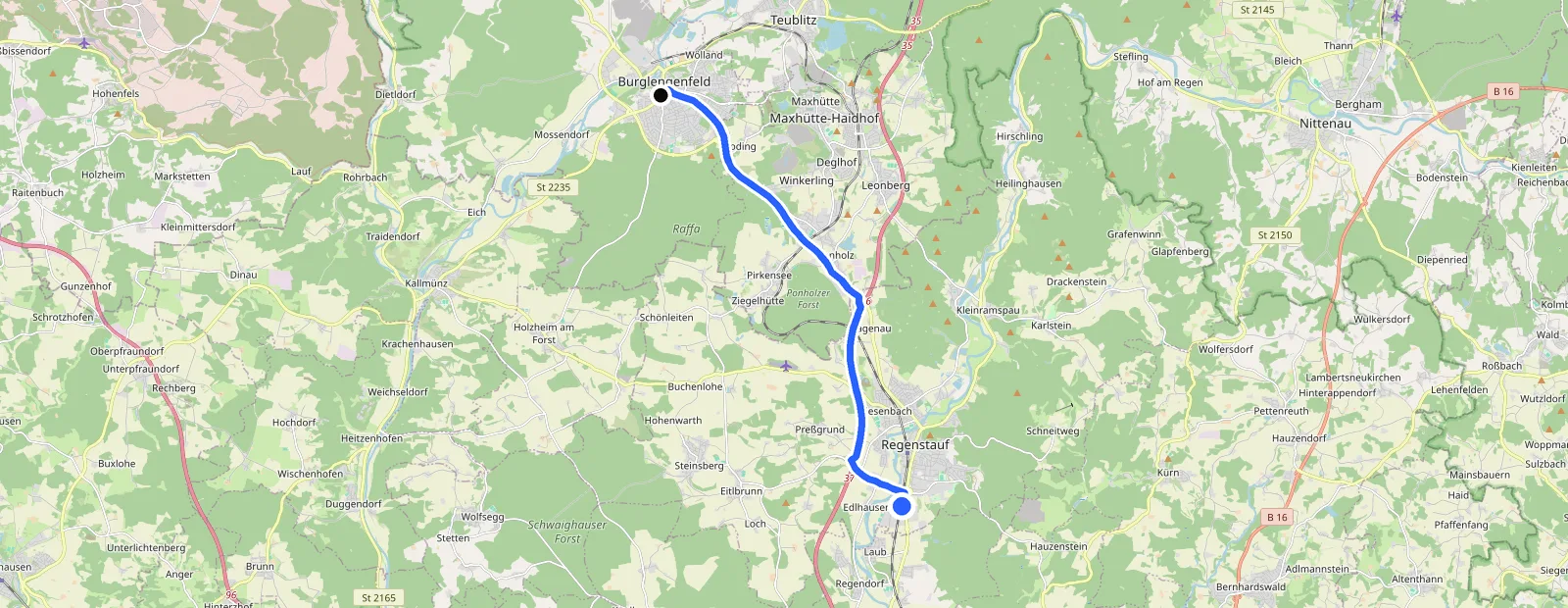 Karte mit eingezeichneter Route von Burglengenfeld zur Fahrzeugaufbereitung ProGlanz in Regenstauf