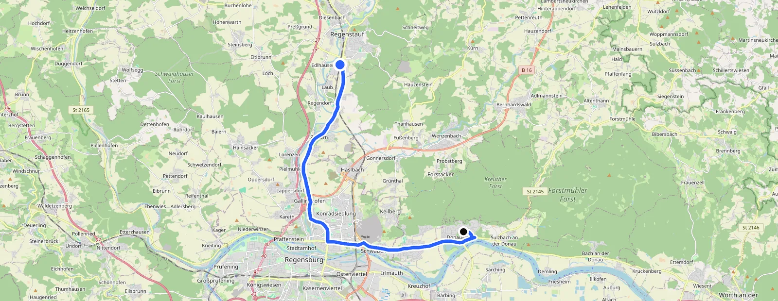 Karte mit eingezeichneter Route von Donaustauf zur Fahrzeugaufbereitung ProGlanz in Regenstauf