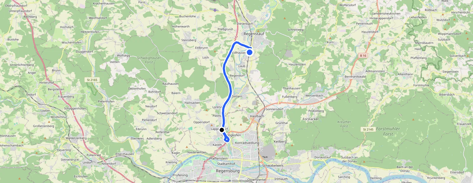 Karte mit eingezeichneter Route von Lappersdorf zur Fahrzeugaufbereitung ProGlanz in Regenstauf