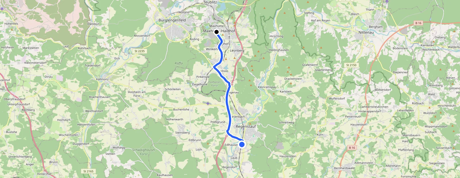 Karte mit eingezeichneter Route von Maxhütte-Haidhof zur Fahrzeugaufbereitung ProGlanz in Regenstauf