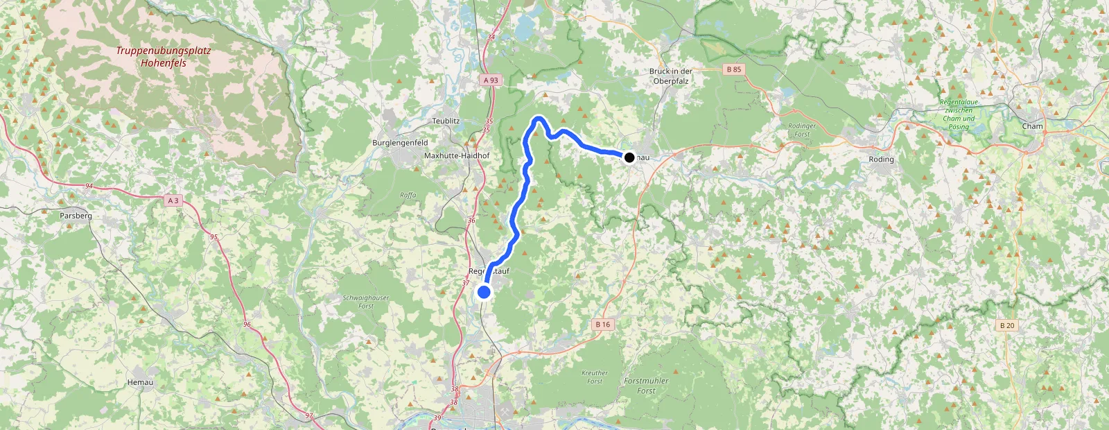 Karte mit eingezeichneter Route von Nittenau zur Fahrzeugaufbereitung ProGlanz in Regenstauf