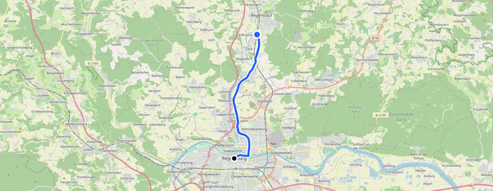 Karte mit eingezeichneter Route von Regensburg zur Fahrzeugaufbereitung ProGlanz in Regenstauf