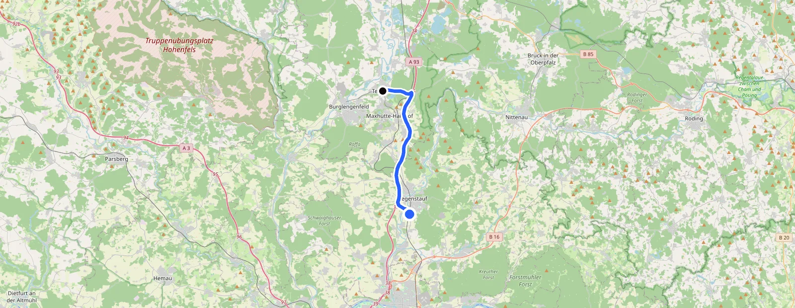 Karte mit eingezeichneter Route von Teublitz zur Fahrzeugaufbereitung ProGlanz in Regenstauf